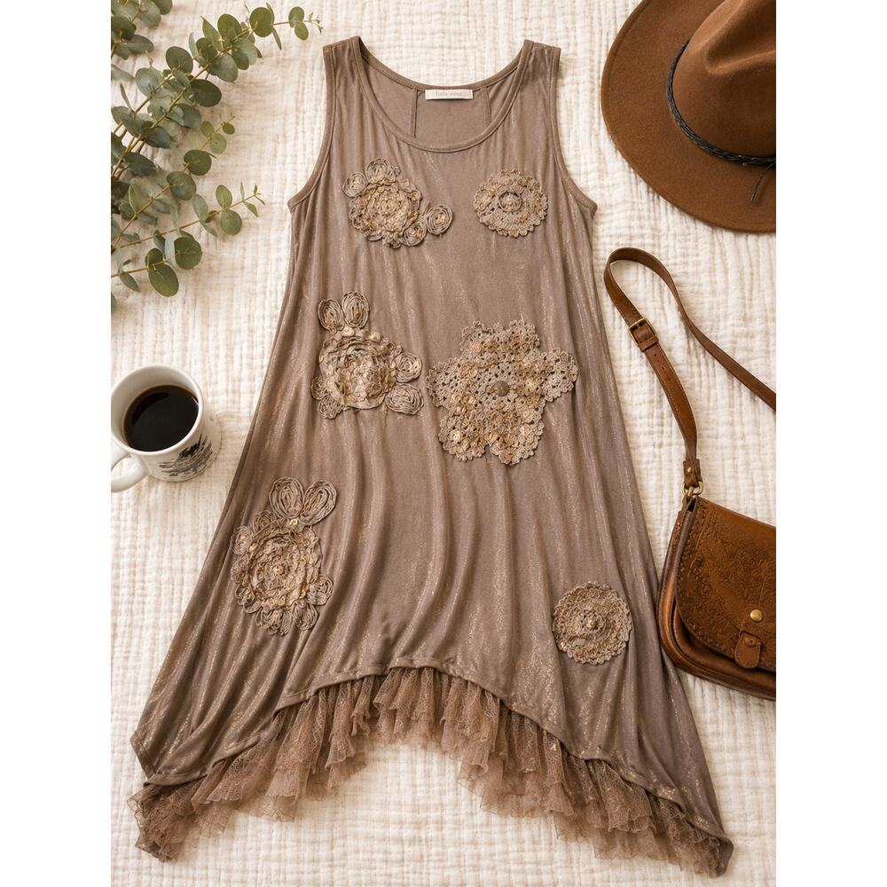 Boho Metallic Tunic Dress Floral Applique Embroidery Tulle Lagenlook Medium